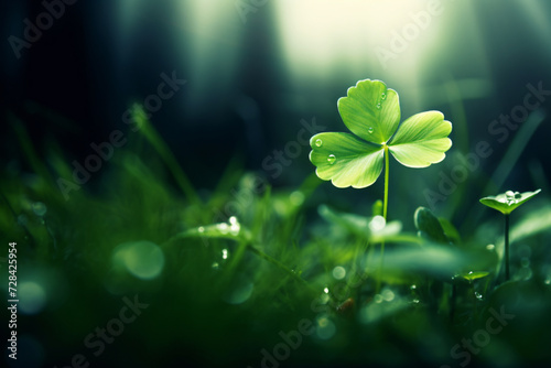 a beautiful single four leaf clover against a background of green