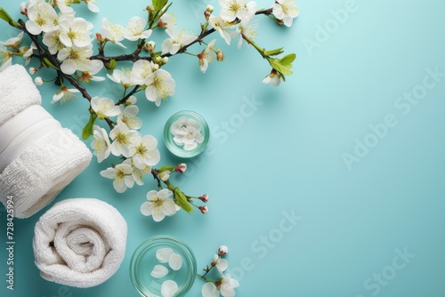 Spa service with flowering branch on blue backdrop