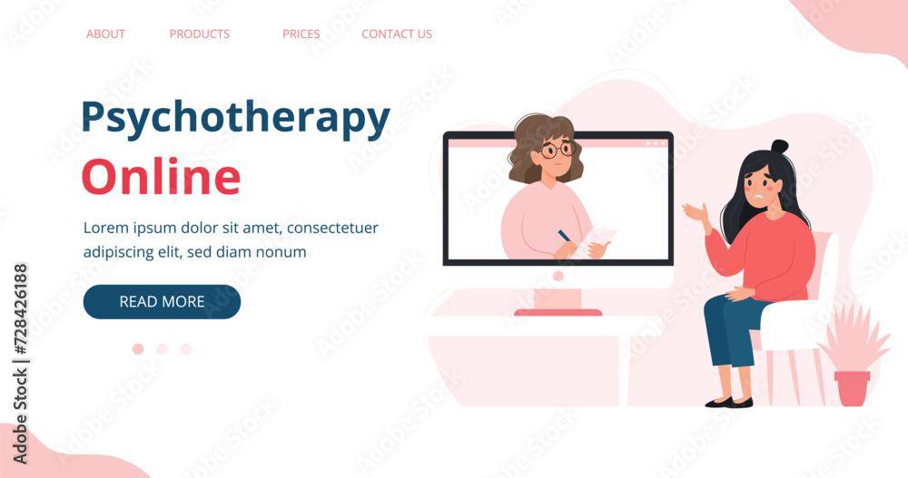 Psychotherapy online - woman talking to psychologist on the screen. Mental health banner or landing page template, vector illustration in flat style