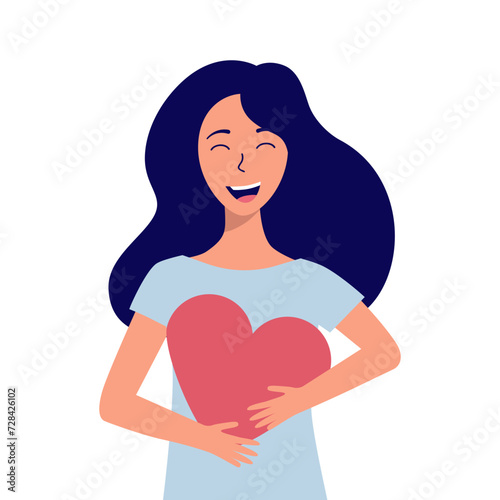 young woman hugging herself with heart. Self-love concept, self care and self-acceptance. Psychology concept