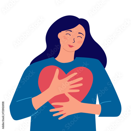 young woman hugging herself with heart. Self-love concept, self care and self-acceptance. Psychology concept