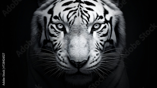 a close up image of a wide eyed white tiger, in the style of high contrast black and white