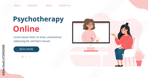 Psychotherapy online - woman talking to psychologist on the screen. Mental health banner or landing page template, vector illustration in flat style