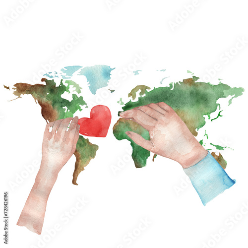 World Kindness Day. November 13. Holiday Concept.Caring, responsibility, altruism of people.Watercolor illusstration planet,heart and hands isolated on white backround. photo