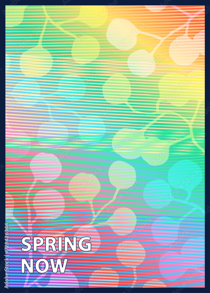 Fototapeta premium Spring now. Bright futuristic poster for the spring season. Abstract striped composition with overlay and digital distortion effect. Vector banner