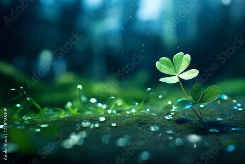 a beautiful single four leaf clover against a background of green photo