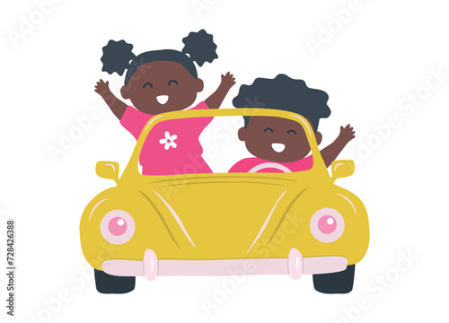 Cute black children in yellow car. Kids smiles and waves their hands. Boy and Girl ride in a toy retro car. Yellow cabriolet. Vector illustration