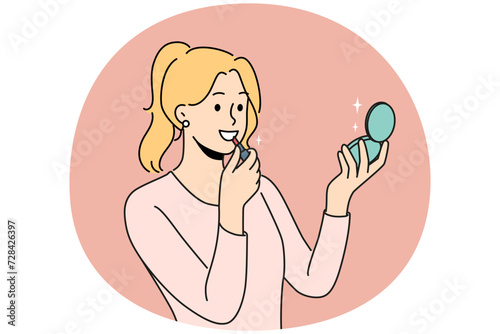 Smiling woman look in mirror putting red lipstick. Happy girl doing makeup with beauty products, getting ready. Cosmetics concept. Vector illustration.