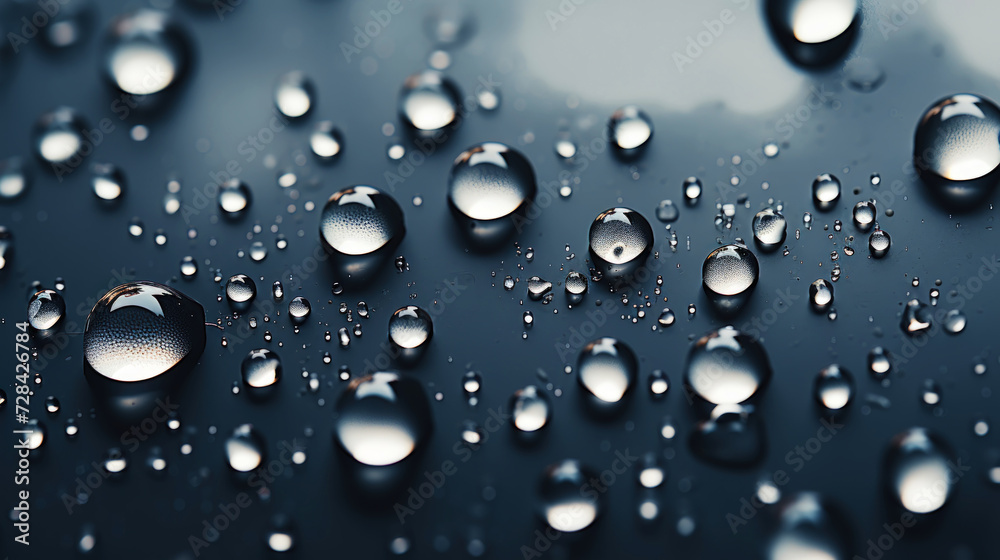 Closeup of water drops sliding on wet surface. Dark black background. Generative AI Closeup of water drops sliding on wet surface. Dark black background. Generative AI