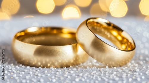 Exquisite gold wedding rings on serene soft blue bokeh background with ample copy space