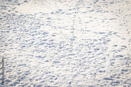Landscape shot of the snow with footprints. Concept