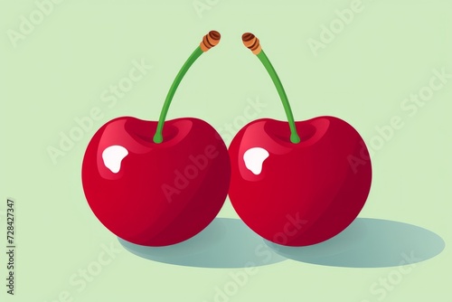 Two Red Cherries With Green Stems on a Green Background