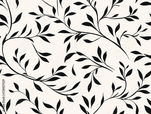 Perfectly seamless pattern, vector repeated floral texture. Branch shapes background, black and white monochrome wallpaper