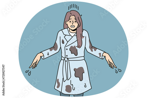 Stressed woman in dirt after fall in puddle. Unhappy distressed girl in dirty clothes suffer from falling in mud. Vector illustration.