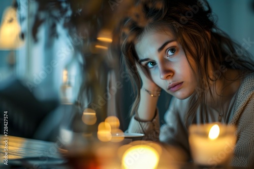 A captivating woman gazes into the camera, her face illuminated by the soft glow of a flickering candle in this intimate indoor portrait photo
