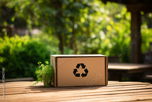 cardboard box with green plants and cardboard recycling sig photo