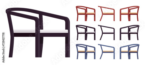 Wooden frame armchair big set, nice dining chair. Workroom, kitchen, living room, balcony and banquet accent. Vector flat style cartoon home or office furniture objects isolated on white background