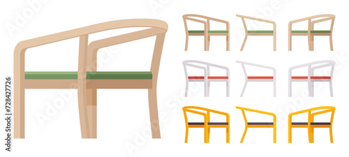 Wooden frame armchair big set, nice dining chair. Workroom, kitchen, living room, balcony and banquet accent. Vector flat style cartoon home or office furniture objects isolated on white background