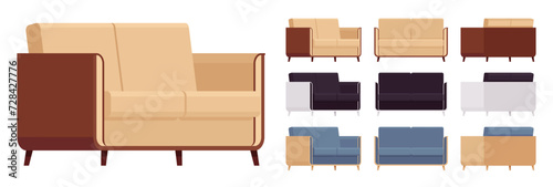 Small couch, loveseat fabric sofa big accent set. Upholstery for living room, dorm, family apartment, studio. Vector flat style cartoon home, office furniture objects isolated on white background