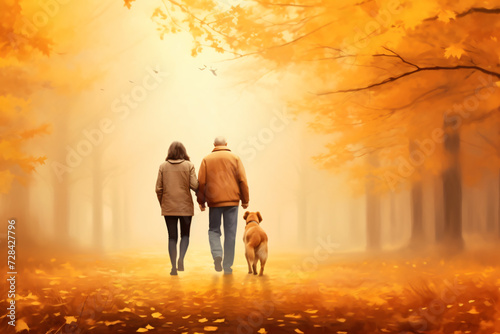  couple with dog walking in woods, autumn colors, sunny day