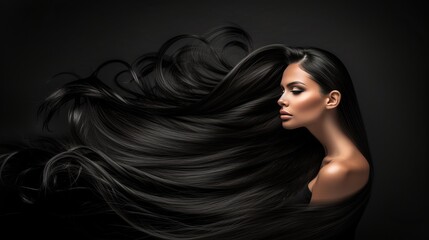 Stylish model with long black hair on dark background for hair care ads with copy space