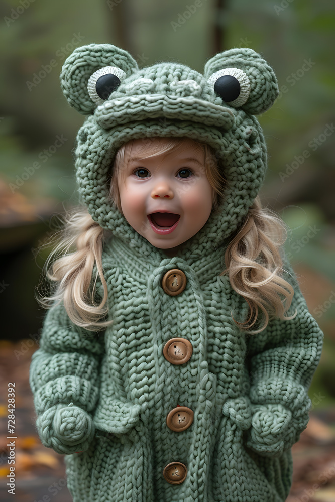 Proffesional photograph of toddler in a handknit frog costume Proffesional photograph of toddler in a handknit frog costume