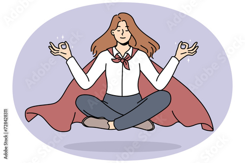 Calm businesswoman in cape meditate floating in air. Relaxed female employee in mantle engaged in meditation relieve stress. Vector illustration.