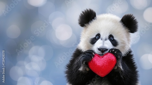 Panda cub giving heart shaped gift on magical background, valentine s day concept with copy space