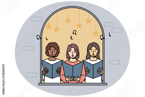 Girls in house window singing together. Female singers sing in choir, engaged in musical group activity. Vector illustration.