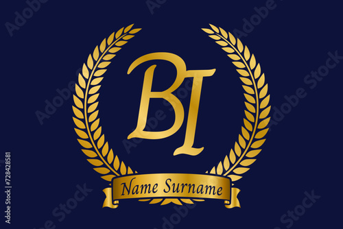 Initial letter B and I, BI monogram logo design with laurel wreath. Luxury golden calligraphy font.
