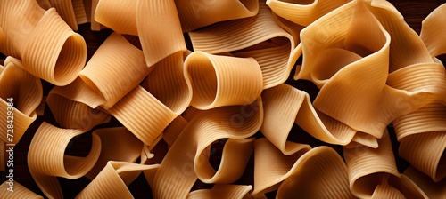 Top view of traditional italian pennettine pasta as abstract background with close up details