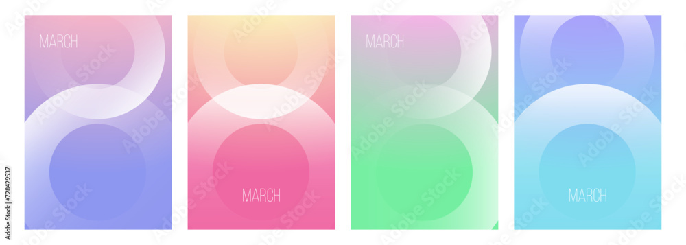 March 8. Soft white gradient circles on color gradient backgrounds. Number 8. Set of festive templates for International Women's Day holiday graphic design. Vector illustration.