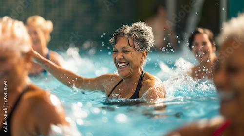 Active senior women doing water aerobics © tiagozr