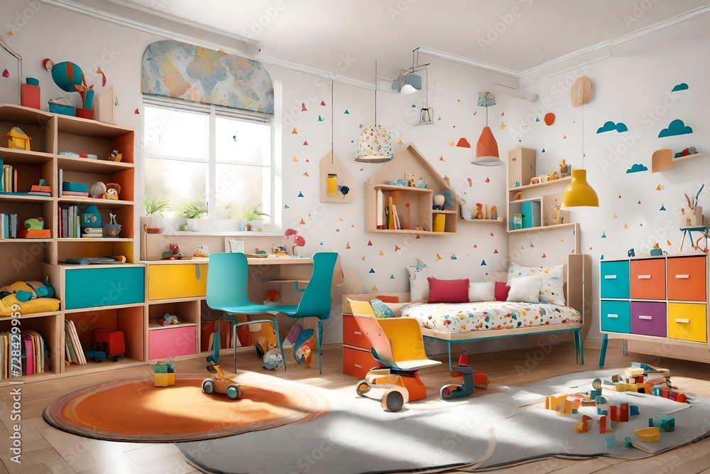 Design a vibrant and playful children's room with colorful furniture and wall decals  - obrazy, fototapety, plakaty 
