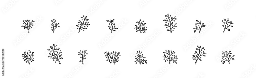 Spring blooming outline branch set. Black and white hand drawn flowering plant minimalist icons. Minimal modern design element for greeting cards, wedding invitations, social media templates
