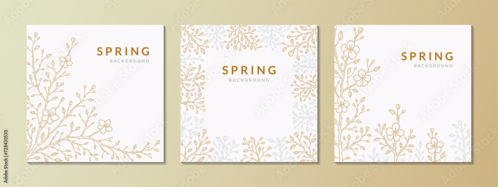 Set of square spring backgrounds with golden and silver sakura branches in bloom. Elegant greeting card, wedding invitation, social media post template, obituary, condolence