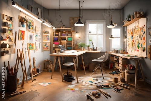 Design a creative and inspiring art studio corner with adjustable lighting 