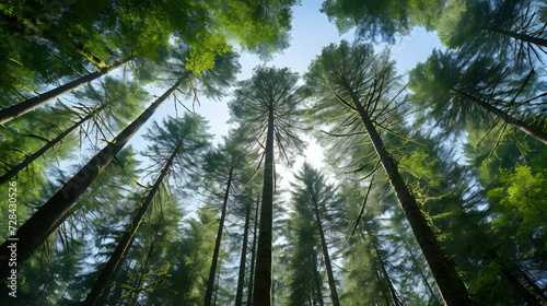 View up to the treetops in a forest near port renfrew, british columbia, canada. Generative AI.