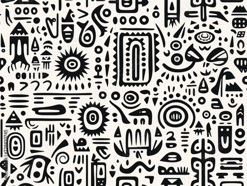 Perfectly seamless pattern, vector repeated abstract african texture. Tribal shapes background, black and white monochrome wallpaper