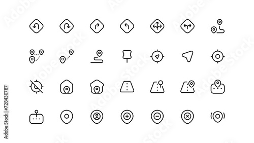 Simple Set of Route Related Vector Line Icons. Contains such Icons as Map with a Pin, Route map, Navigator, Direction and more. Editable Stroke