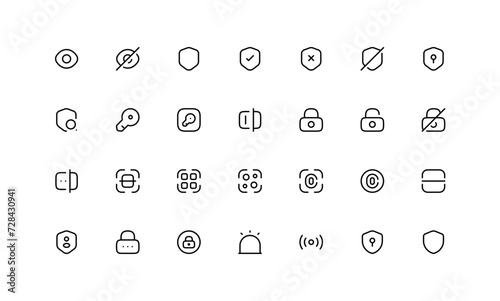 Vector set of security line icons. Contains icons digital lock, cyber security, password, smart home, computer security, electronic key, fingerprint and more.