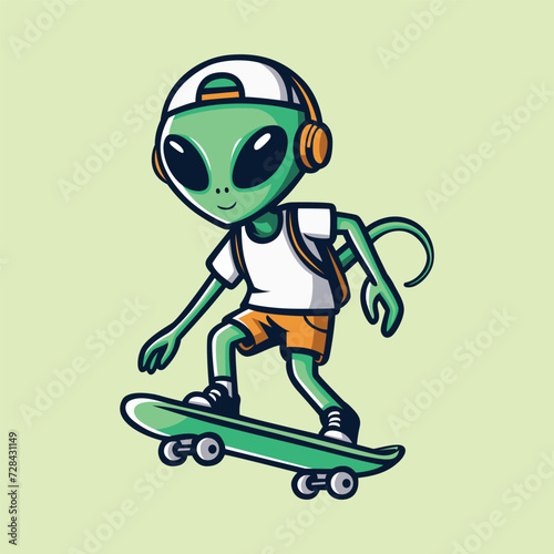 cartoon alien riding a skateboard. isolated green alien skateboarding