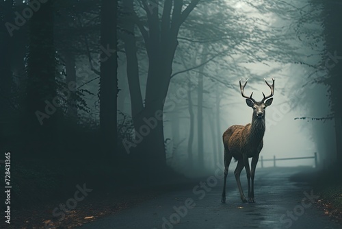 In the serenity of a misty morning, a deer stands gracefully on the road near the forest, a captivating encounter with nature's beauty.