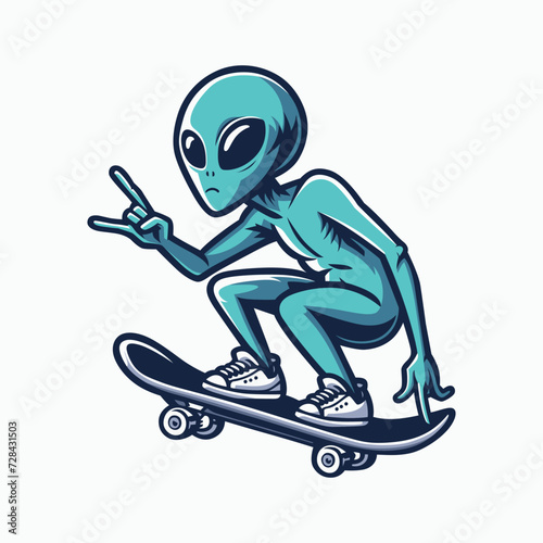 cartoon alien riding a skateboard. isolated green alien skateboarding