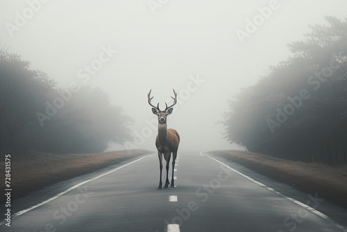 A tranquil scene unfolds as a deer stands on the road near the forest during a misty morning, creating a magical and enchanting moment. photo