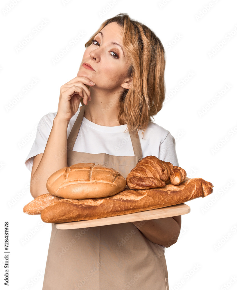 Middle-aged Caucasian woman baker with bread tray looking sideways with doubtful and skeptical expression. Middle-aged Caucasian woman baker with bread tray looking sideways with doubtful and skeptical expression.