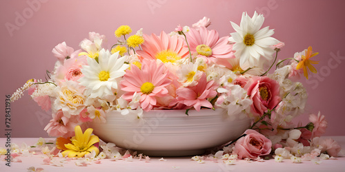 A pink background with daisies on it  Delicate spring bouquet of bright pink flowers with yellow petals and buds on pastel pink background  