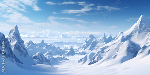 vast desolated snow land, big mountains in the background, snowfall with light blue sky and light blue colors, peaceful atmosphere