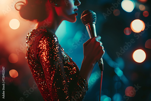 charming singer in a shiny dress with a microphone sings a song in a bar
