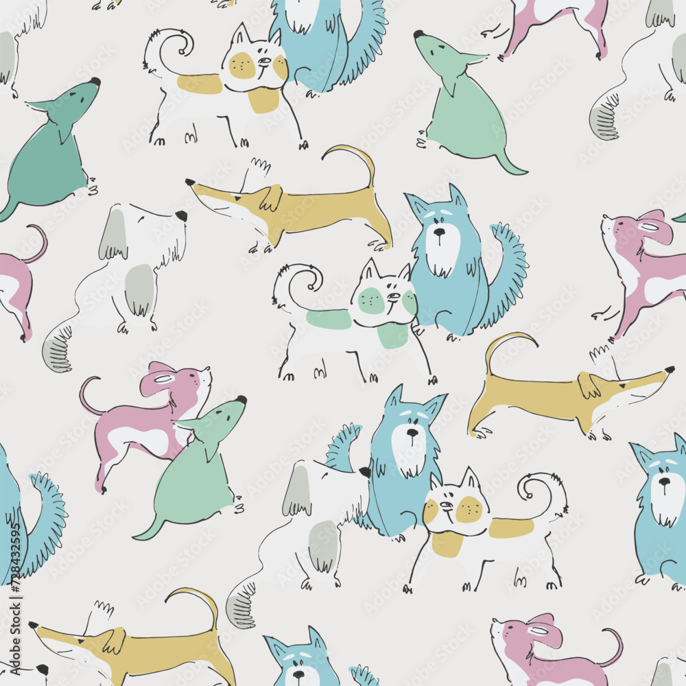 Fototapeta premium Seamless pattern with funny dogs playing. Perfect for kids. Bone, ball and terrier doodles on blue background